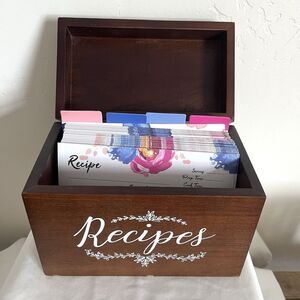 Outshine Wooden Recipe Box Set with Cards / Dividers Farmhouse Kitchen Brown